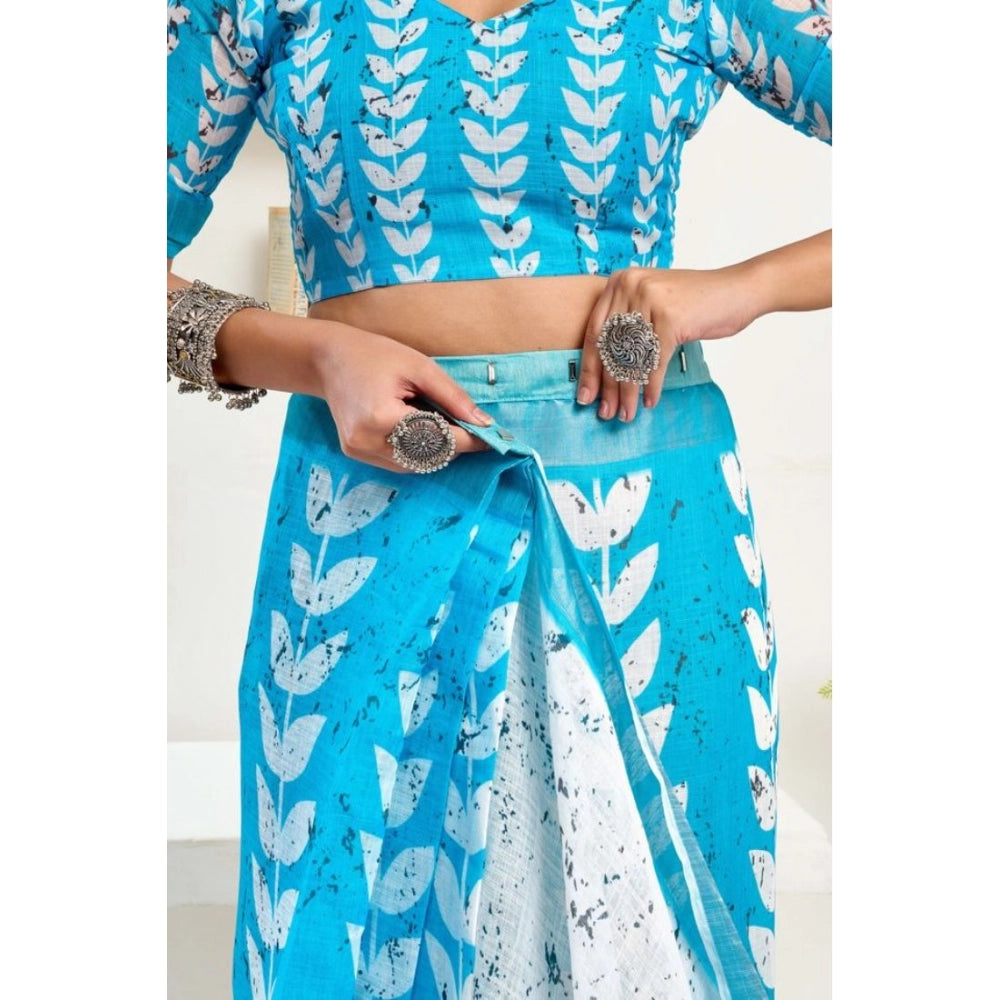 Women's Faux Linen Leaf Print Ready to wear Saree With Unstitched Blouse 5.5Mtr (SkyBlue &amp; White)