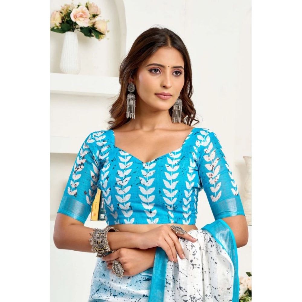 Women's Faux Linen Leaf Print Ready to wear Saree With Unstitched Blouse 5.5Mtr (SkyBlue &amp; White)