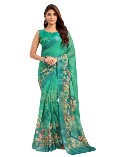 Generic Women's Faux Linen Floral Ready to wear Saree With Unstitched Blouse 5.5Mtr (Green)