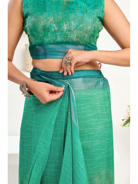Generic Women's Faux Linen Floral Ready to wear Saree With Unstitched Blouse 5.5Mtr (Green)