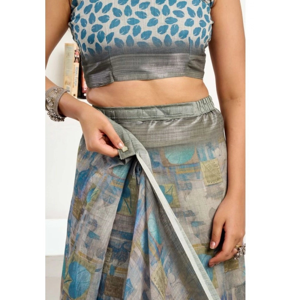 Women's Faux Linen Abstract Print Ready to wear Saree With Unstitched Blouse 5.5Mtr (Grey)