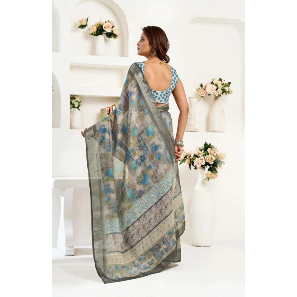 Women's Faux Linen Abstract Print Ready to wear Saree With Unstitched Blouse 5.5Mtr (Grey)