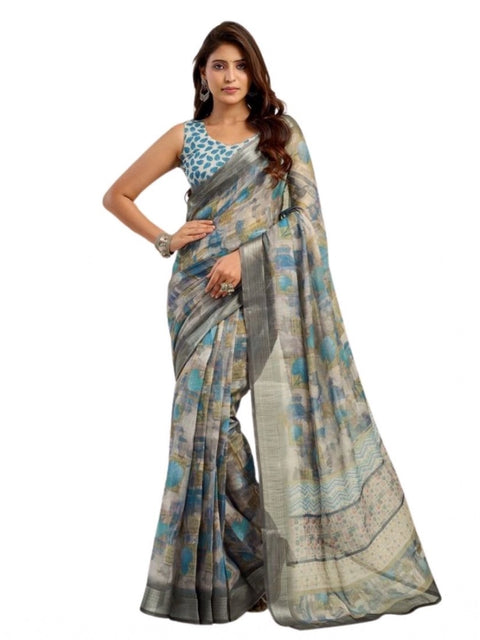 Women's Faux Linen Abstract Print Ready to wear Saree With Unstitched Blouse 5.5Mtr (Grey)
