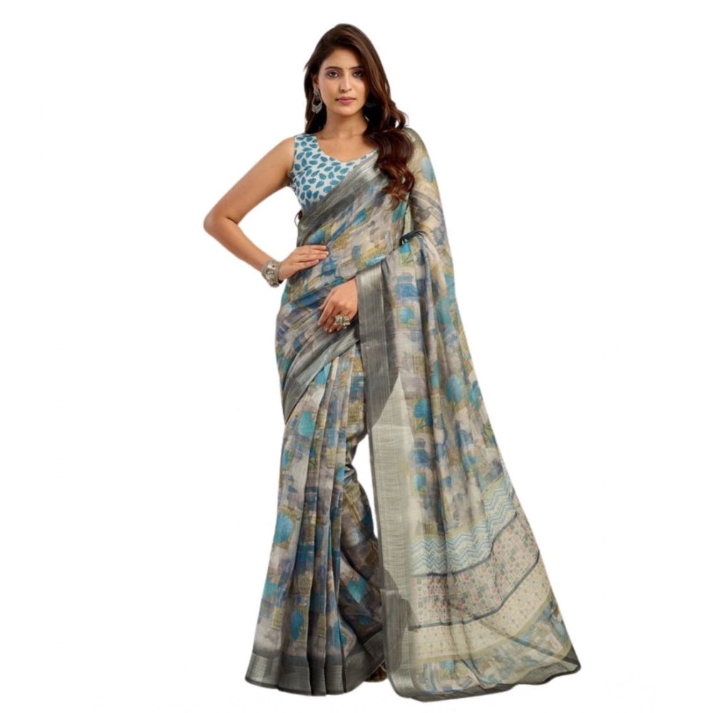 Women's Faux Linen Abstract Print Ready to wear Saree With Unstitched Blouse 5.5Mtr (Grey)