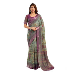 Generic Women's Faux Linen Printed Ready to wear Saree With Unstitched Blouse 5.5Mtr (Multicolor)