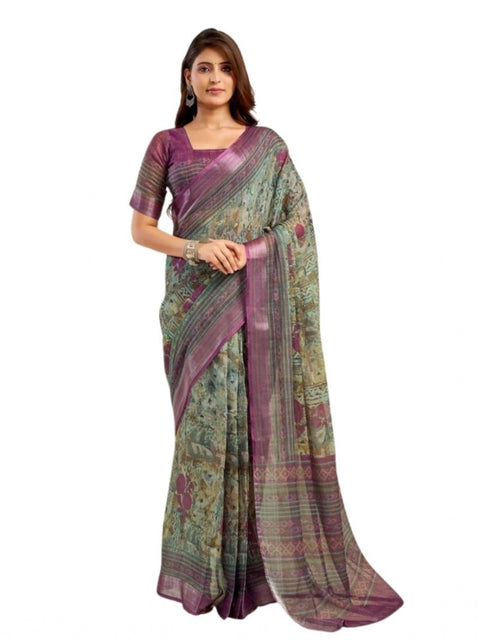 Generic Women's Faux Linen Printed Ready to wear Saree With Unstitched Blouse 5.5Mtr (Multicolor)