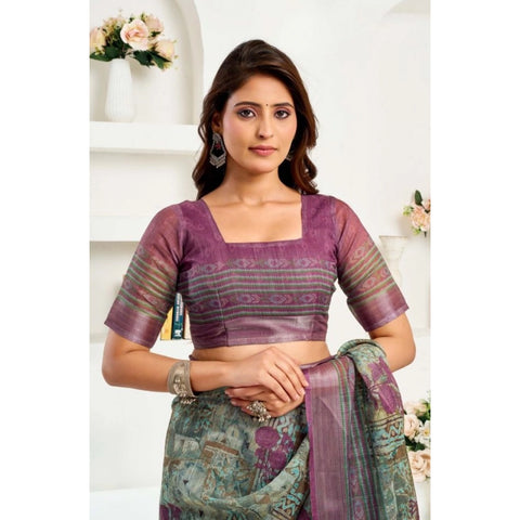 Women's Faux Linen Printed Ready to wear Saree With Unstitched Blouse 5.5Mtr (Multicolor)