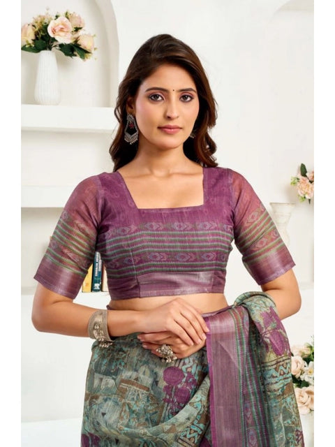 Women's Faux Linen Printed Ready to wear Saree With Unstitched Blouse 5.5Mtr (Multicolor)