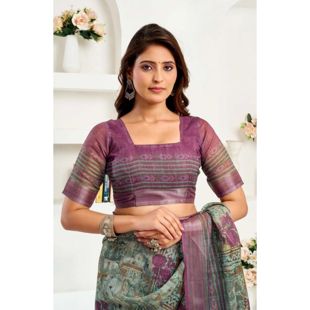 Women's Faux Linen Printed Ready to wear Saree With Unstitched Blouse 5.5Mtr (Multicolor)