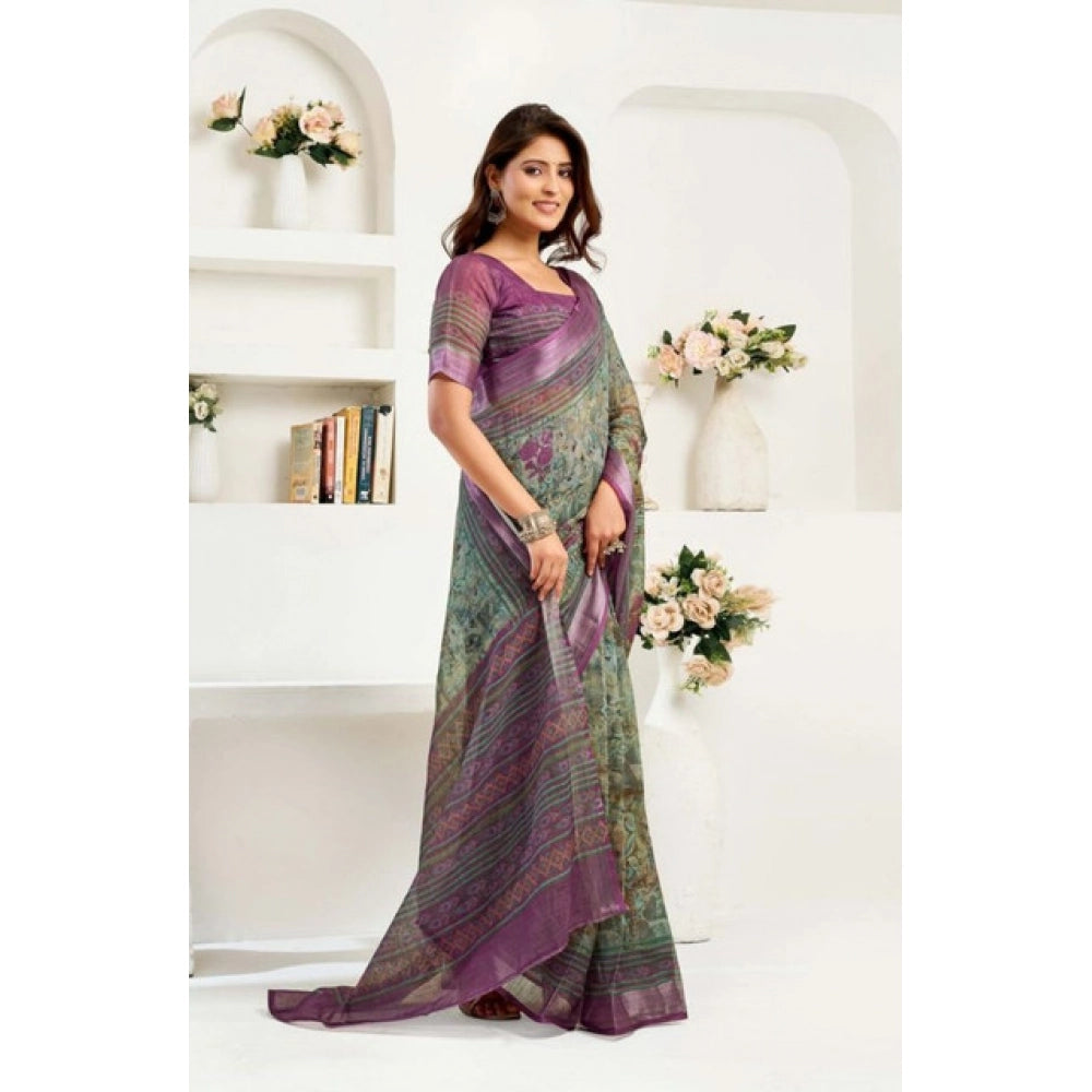 Women's Faux Linen Printed Ready to wear Saree With Unstitched Blouse 5.5Mtr (Multicolor)