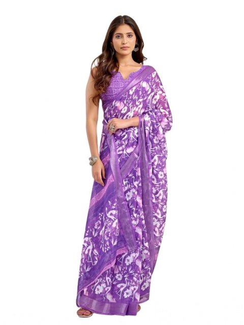 Women's Faux Linen Floral Print Ready to wear Saree With Unstitched Blouse 5.5Mtr (Purple)