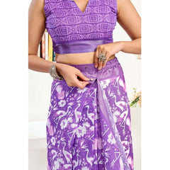 Women's Faux Linen Floral Print Ready to wear Saree With Unstitched Blouse 5.5Mtr (Purple)
