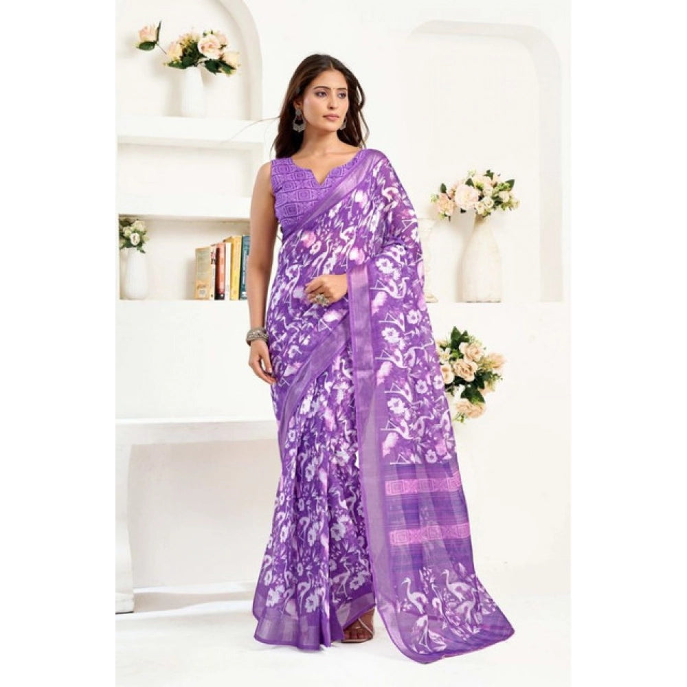 Women's Faux Linen Floral Print Ready to wear Saree With Unstitched Blouse 5.5Mtr (Purple)