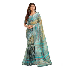 Women's Faux Linen Printed Ready to wear Saree With Unstitched Blouse 5.5Mtr (Multicolor)
