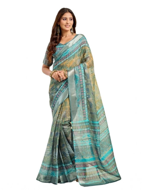 Women's Faux Linen Printed Ready to wear Saree With Unstitched Blouse 5.5Mtr (Multicolor)