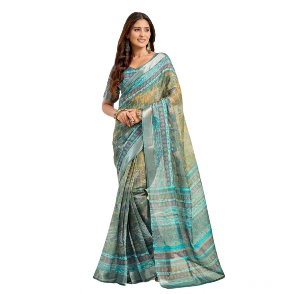 Women's Faux Linen Printed Ready to wear Saree With Unstitched Blouse 5.5Mtr (Multicolor)