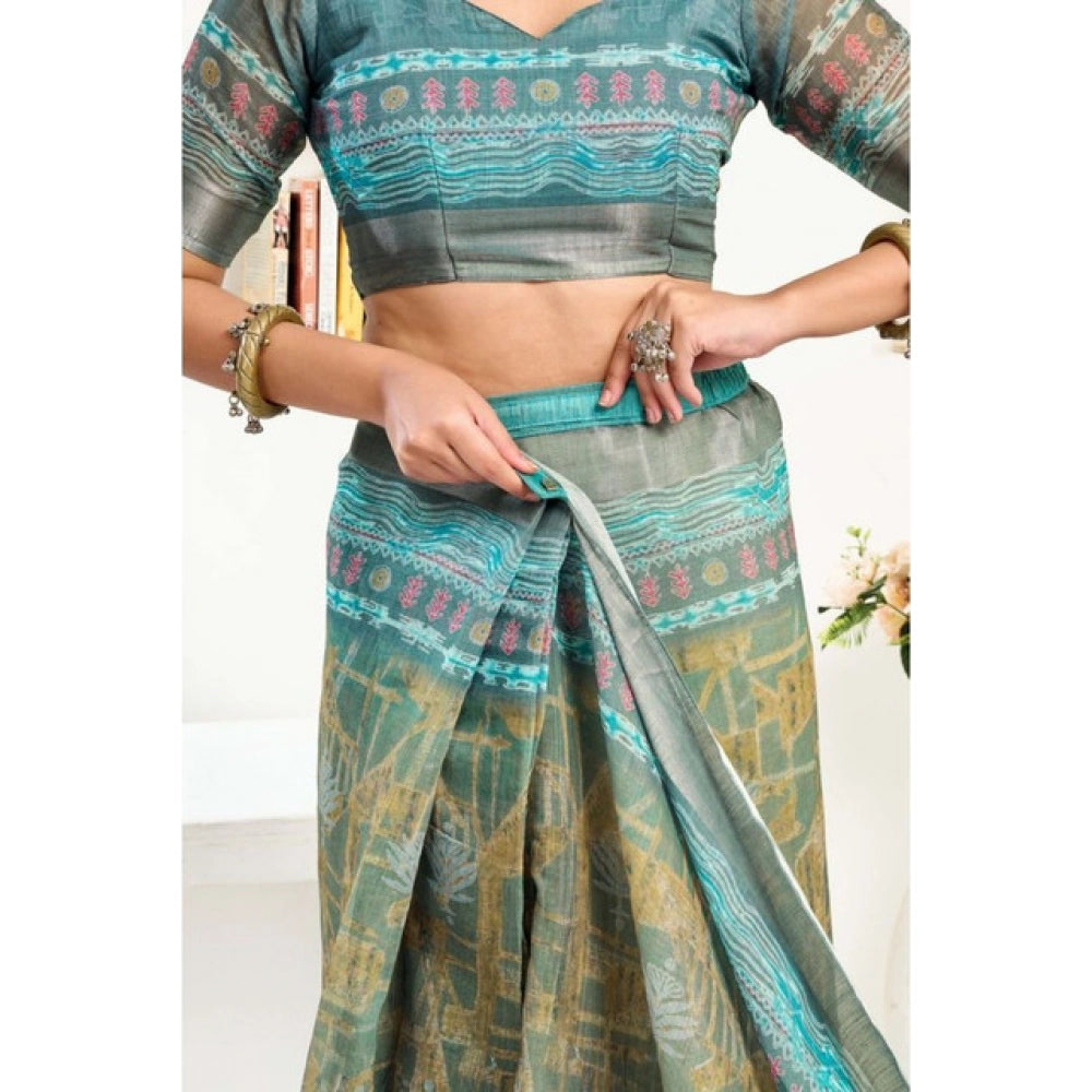 Women's Faux Linen Printed Ready to wear Saree With Unstitched Blouse 5.5Mtr (Multicolor)
