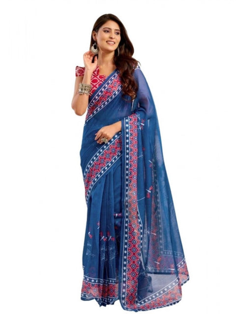 Women's Faux Linen Floral Print Ready to wear Saree With Unstitched Blouse 5.5Mtr (Blue)