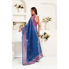 Women's Faux Linen Floral Print Ready to wear Saree With Unstitched Blouse 5.5Mtr (Blue)