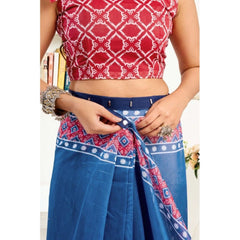 Women's Faux Linen Floral Print Ready to wear Saree With Unstitched Blouse 5.5Mtr (Blue)