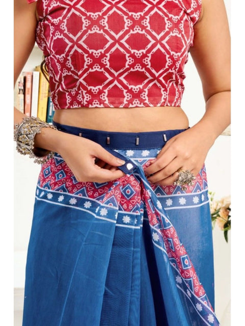 Women's Faux Linen Floral Print Ready to wear Saree With Unstitched Blouse 5.5Mtr (Blue)
