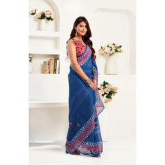 Women's Faux Linen Floral Print Ready to wear Saree With Unstitched Blouse 5.5Mtr (Blue)