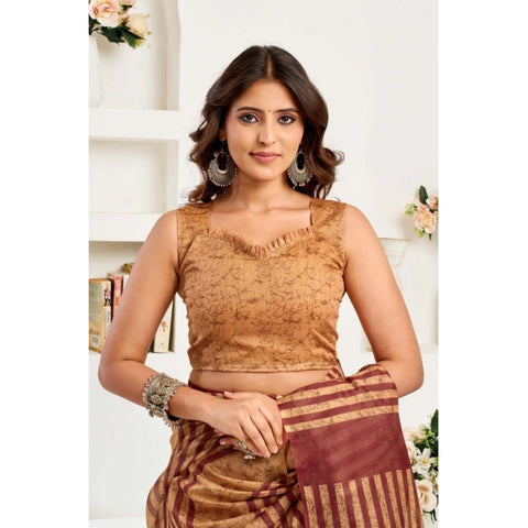 Women's Faux Linen Geometric Print Ready to wear Saree With Unstitched Blouse 5.5Mtr (Brown)