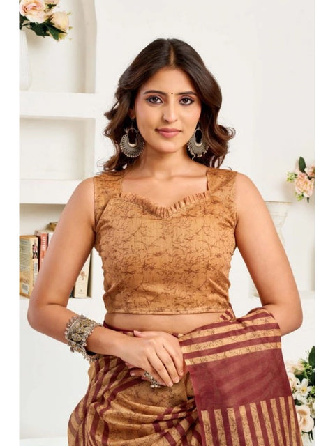 Women's Faux Linen Geometric Print Ready to wear Saree With Unstitched Blouse 5.5Mtr (Brown)