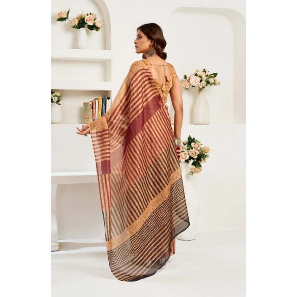 Women's Faux Linen Geometric Print Ready to wear Saree With Unstitched Blouse 5.5Mtr (Brown)