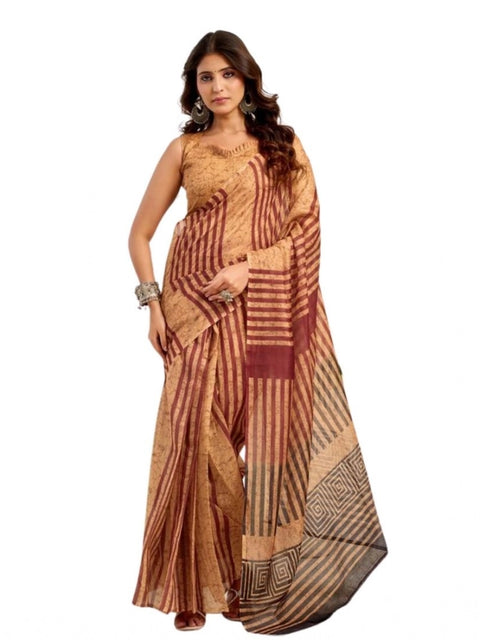 Women's Faux Linen Geometric Print Ready to wear Saree With Unstitched Blouse 5.5Mtr (Brown)