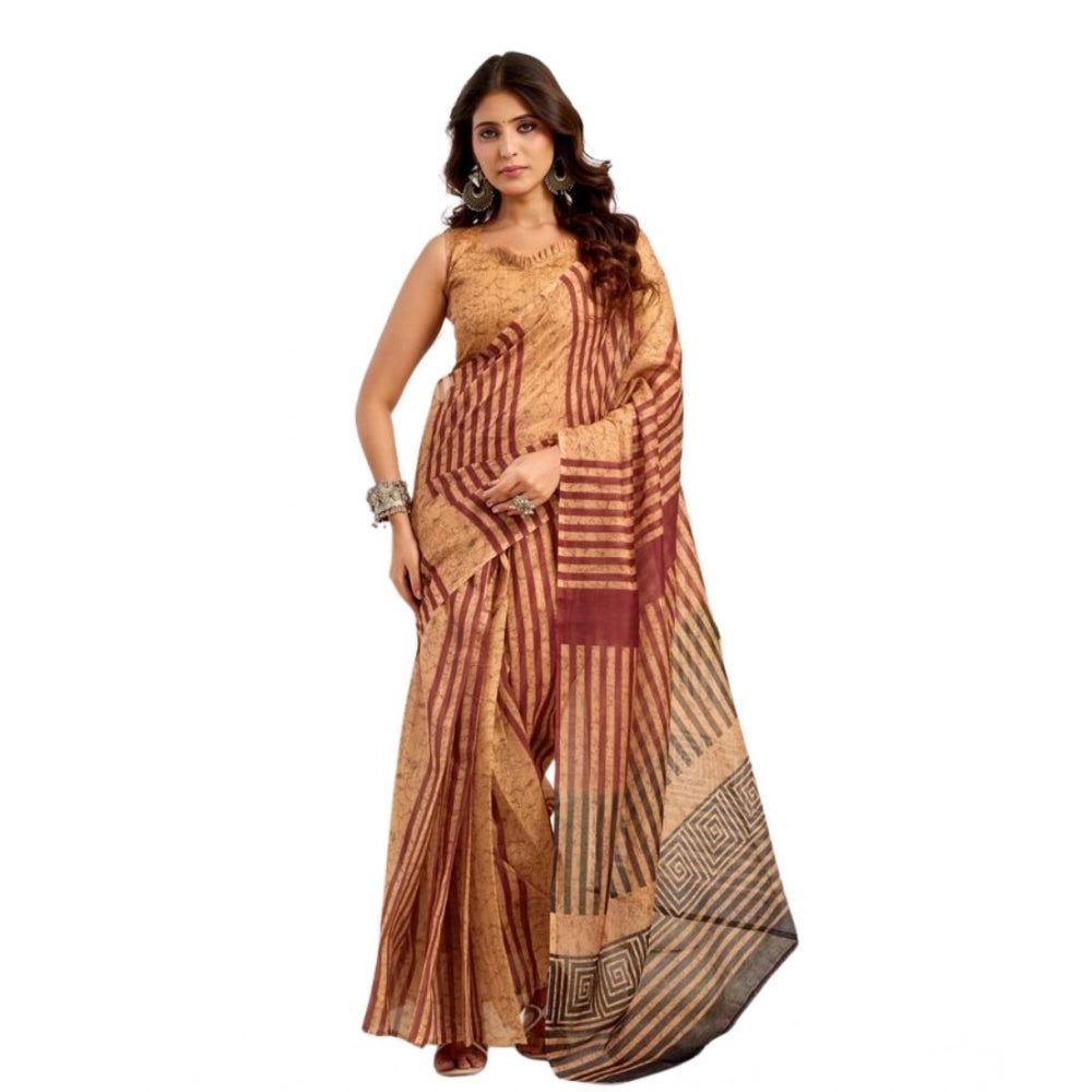 Women's Faux Linen Geometric Print Ready to wear Saree With Unstitched Blouse 5.5Mtr (Brown)
