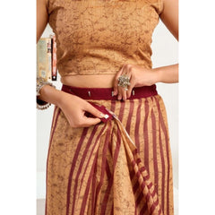 Women's Faux Linen Geometric Print Ready to wear Saree With Unstitched Blouse 5.5Mtr (Brown)