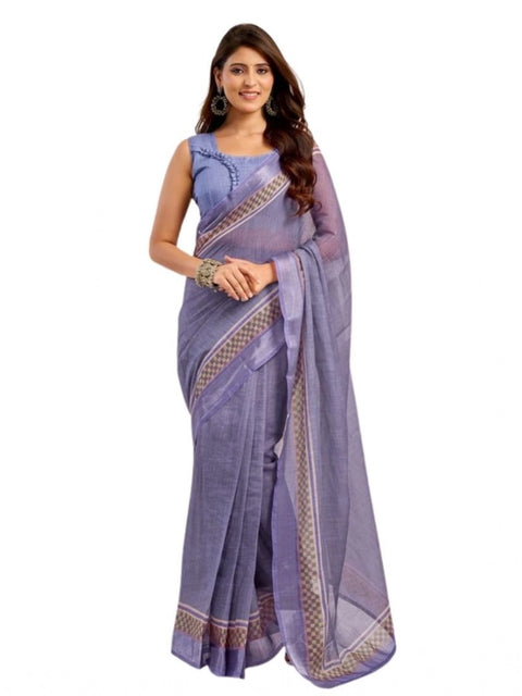 Women's Faux Linen Printed Ready to wear Saree With Unstitched Blouse 5.5Mtr (Light_Lavender)