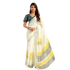 Women's Faux Linen Floral Print Ready to wear Saree With Unstitched Blouse 5.5Mtr (Off_White)