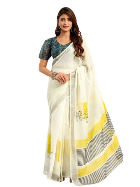 Women's Faux Linen Floral Print Ready to wear Saree With Unstitched Blouse 5.5Mtr (Off_White)