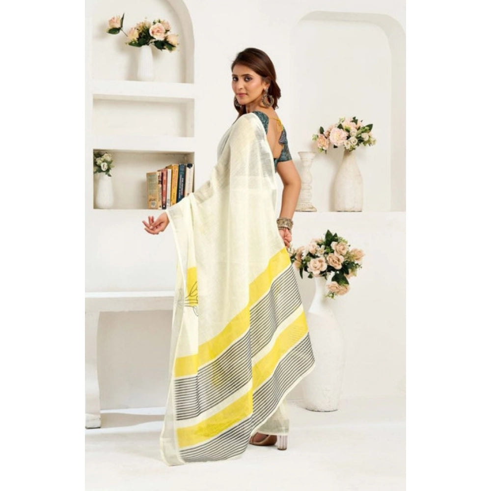 Women's Faux Linen Floral Print Ready to wear Saree With Unstitched Blouse 5.5Mtr (Off_White)