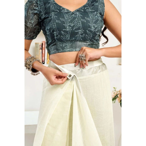 Women's Faux Linen Floral Print Ready to wear Saree With Unstitched Blouse 5.5Mtr (Off_White)