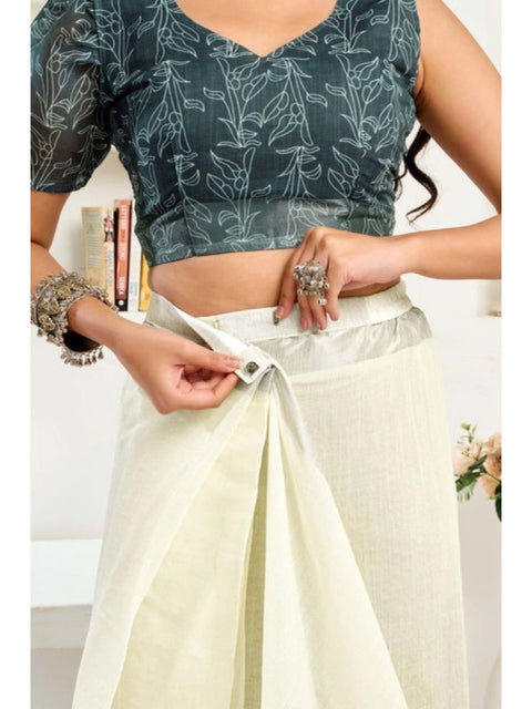 Women's Faux Linen Floral Print Ready to wear Saree With Unstitched Blouse 5.5Mtr (Off_White)