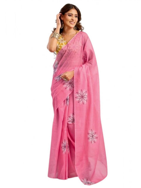 Generic Women's Faux Linen Floral Print Ready to wear Saree With Unstitched Blouse 5.5Mtr (Pink)