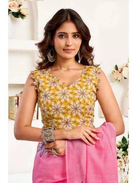 Women's Faux Linen Floral Print Ready to wear Saree With Unstitched Blouse 5.5Mtr (Pink)