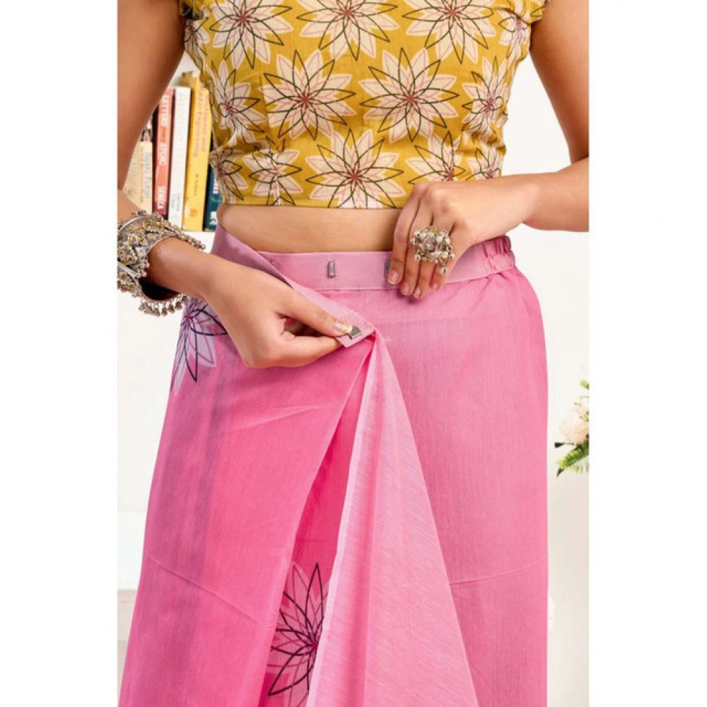 Women's Faux Linen Floral Print Ready to wear Saree With Unstitched Blouse 5.5Mtr (Pink)