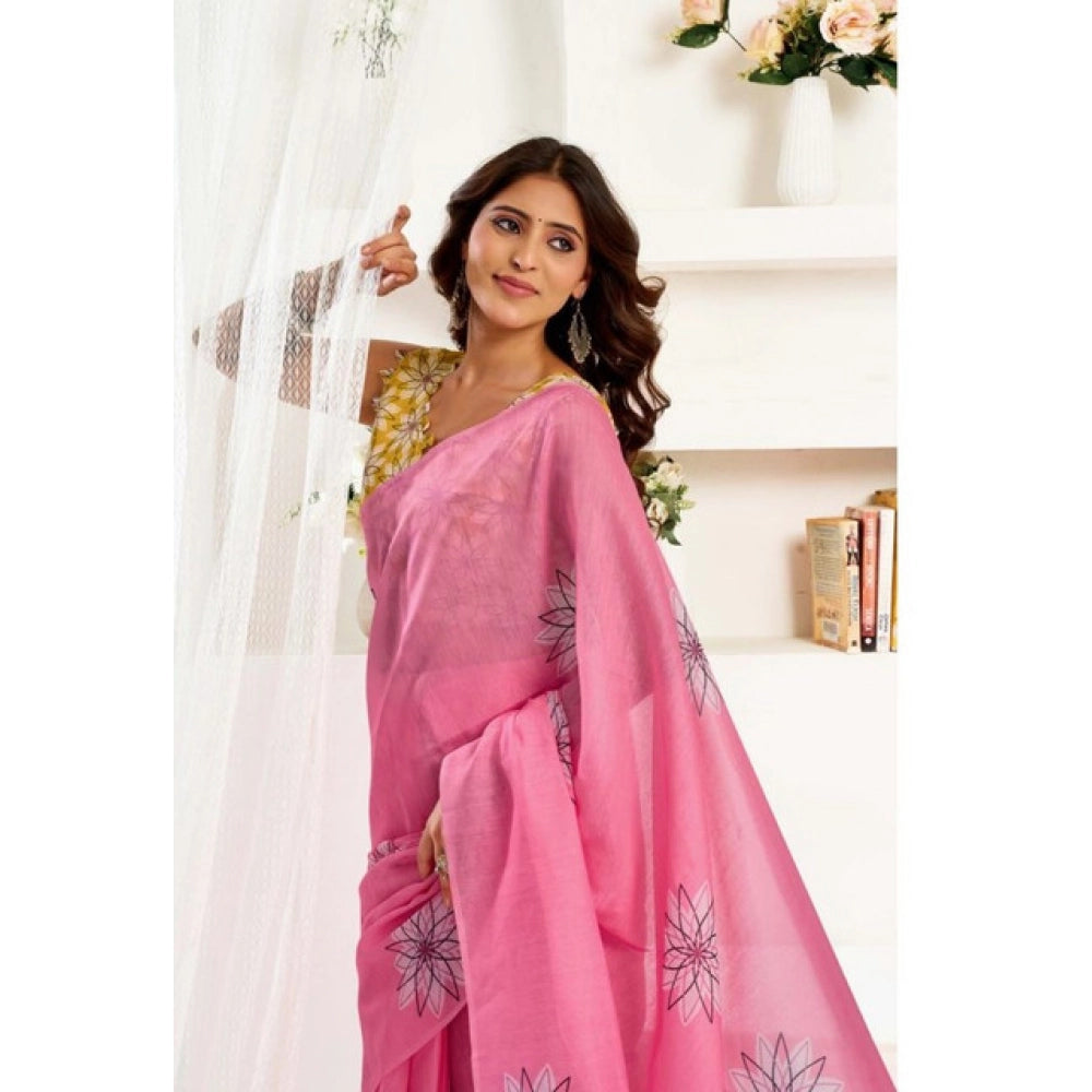 Women's Faux Linen Floral Print Ready to wear Saree With Unstitched Blouse 5.5Mtr (Pink)
