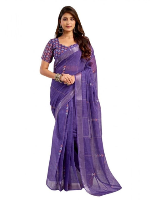 Women's Faux Linen Geometric Print Ready to wear Saree With Unstitched Blouse 5.5Mtr (Purple)