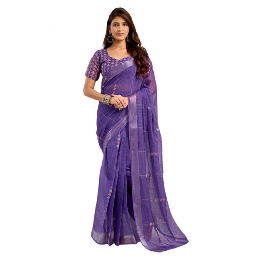 Women's Faux Linen Geometric Print Ready to wear Saree With Unstitched Blouse 5.5Mtr (Purple)