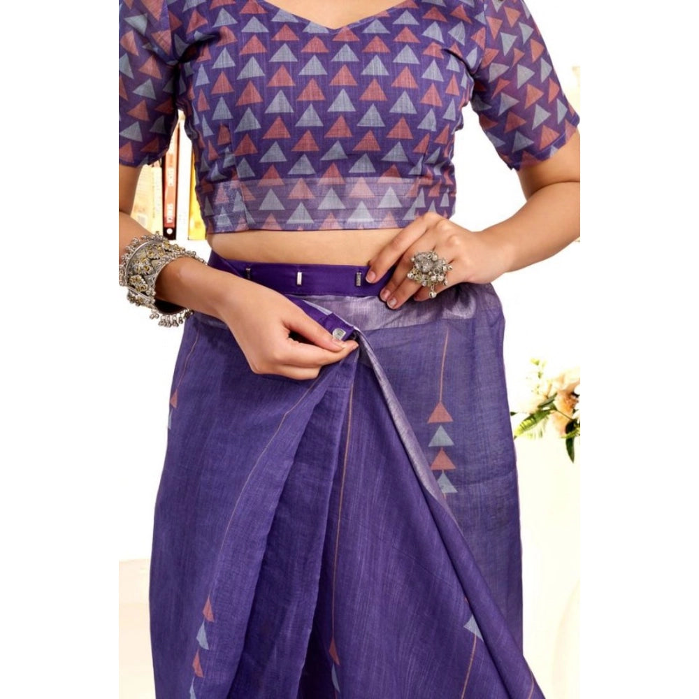 Women's Faux Linen Geometric Print Ready to wear Saree With Unstitched Blouse 5.5Mtr (Purple)