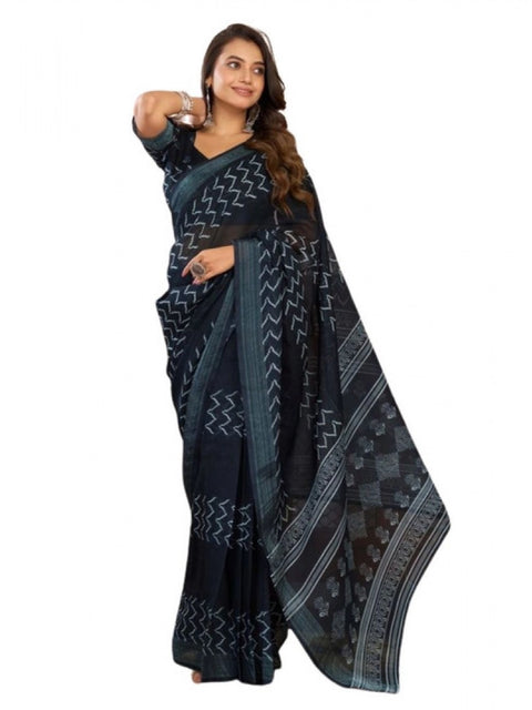 Women's Faux Linen Geometric Print Ready to wear Saree With Unstitched Blouse 5.5Mtr (Black)