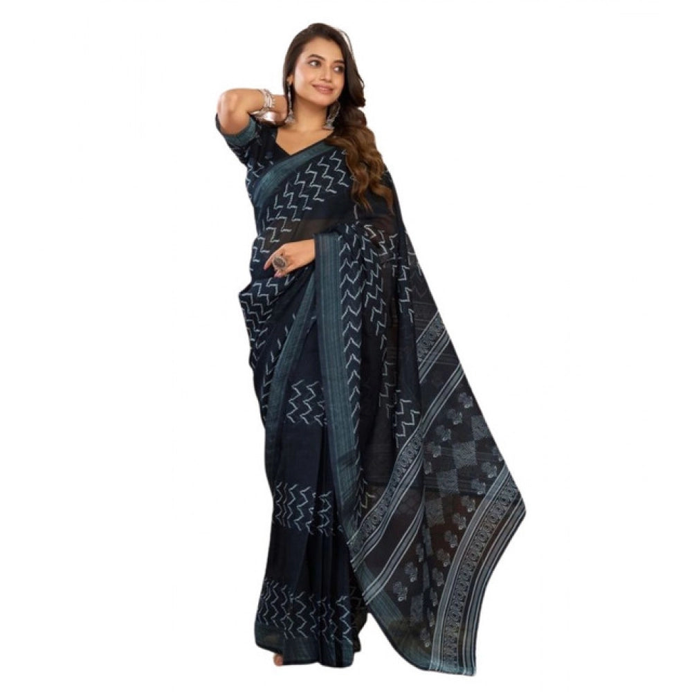 Women's Faux Linen Geometric Print Ready to wear Saree With Unstitched Blouse 5.5Mtr (Black)