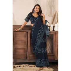 Women's Faux Linen Geometric Print Ready to wear Saree With Unstitched Blouse 5.5Mtr (Black)