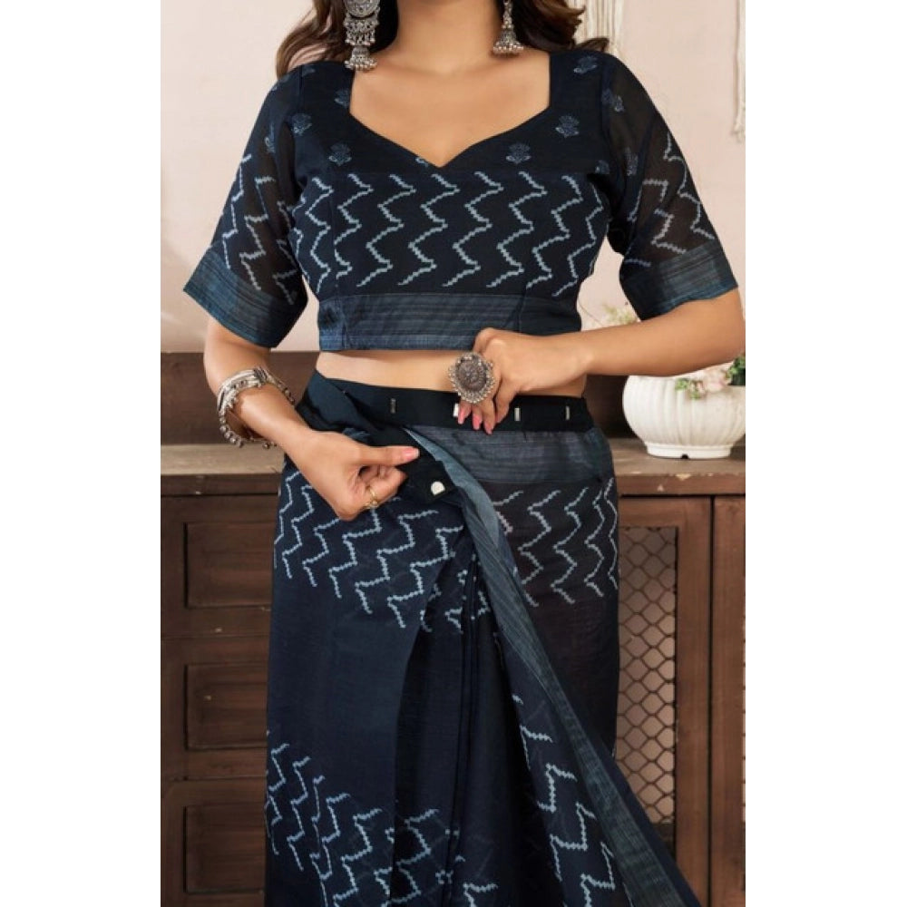Women's Faux Linen Geometric Print Ready to wear Saree With Unstitched Blouse 5.5Mtr (Black)