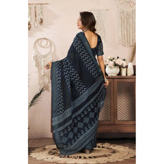 Women's Faux Linen Geometric Print Ready to wear Saree With Unstitched Blouse 5.5Mtr (Black)